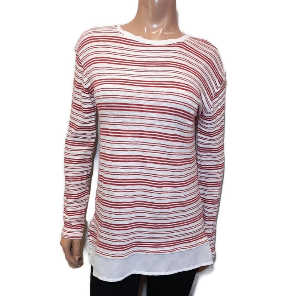 Denver Hayes Striped Knit Top Faux Layered Hem Cotton Burgundy White Size Small